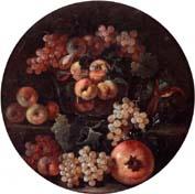 unknow artist A still life of peaches and plums in a glass bowl,grapes,a melon and a pomegranate